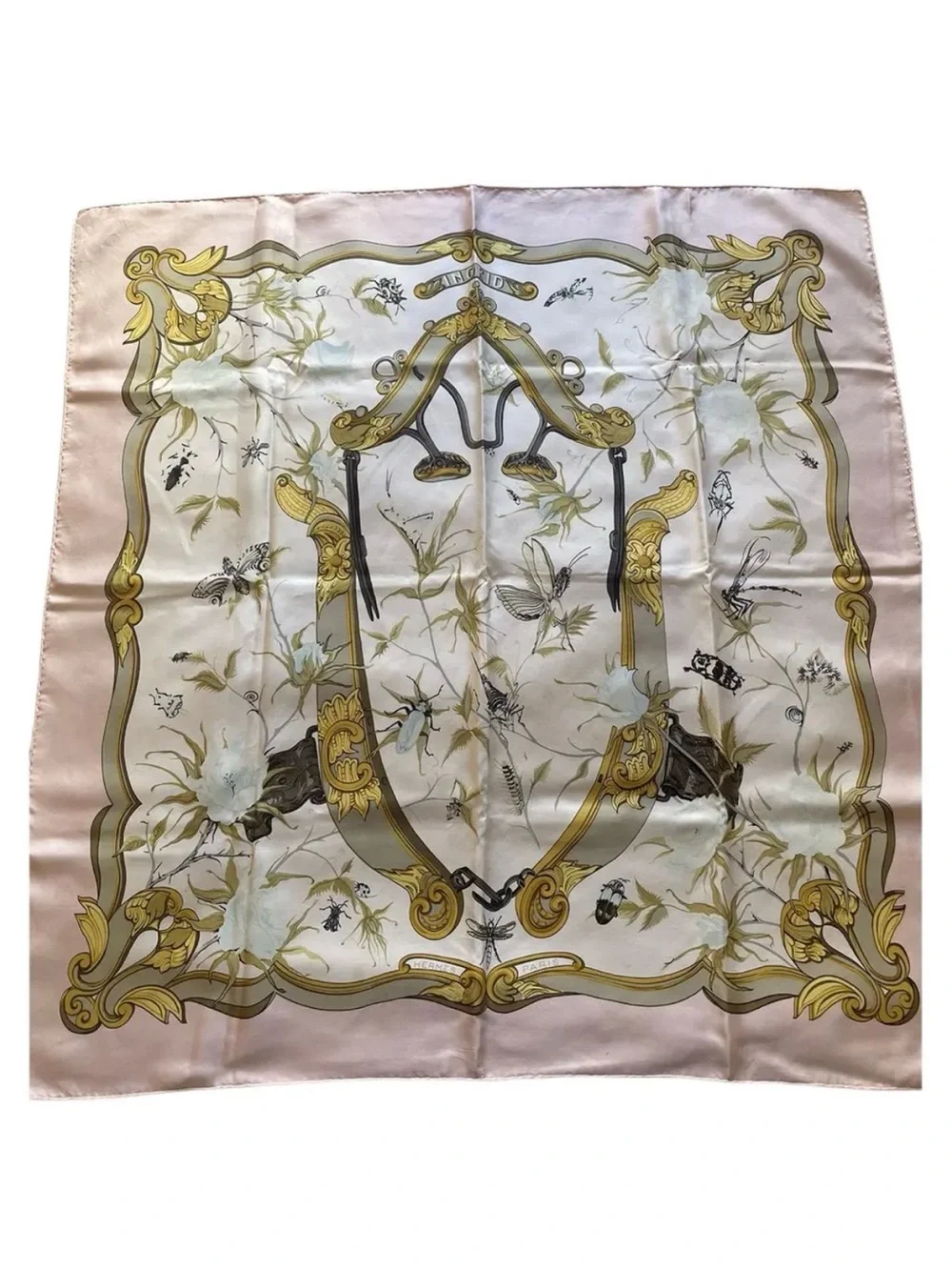 Hermes Silk Scarf in Pale Pink, Gold, White
